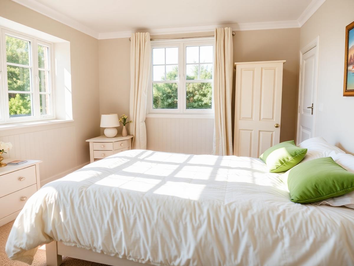 Tidy sunny bedroom with fresh bedding
